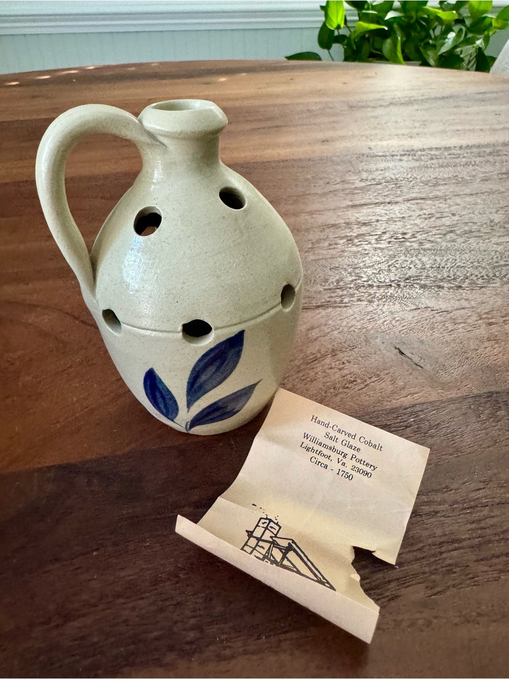 Vintage Williamsburg Pottery Blue/Gray Salt Glaze Flower Frog Vase w/ 9 holes